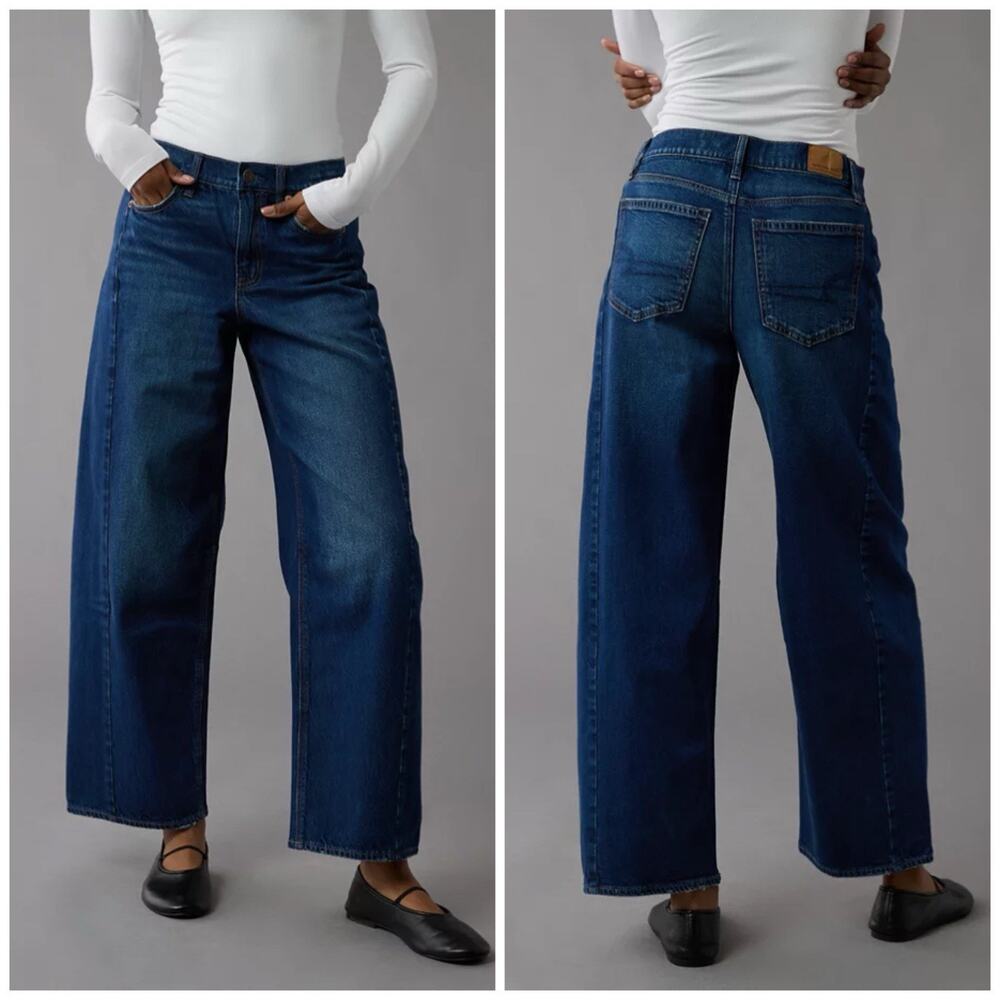NWT American Eagle Strigid Dreamy Drape Barrel Jeans Size 12 /31W Dark Indigo - Picture 2 of 14